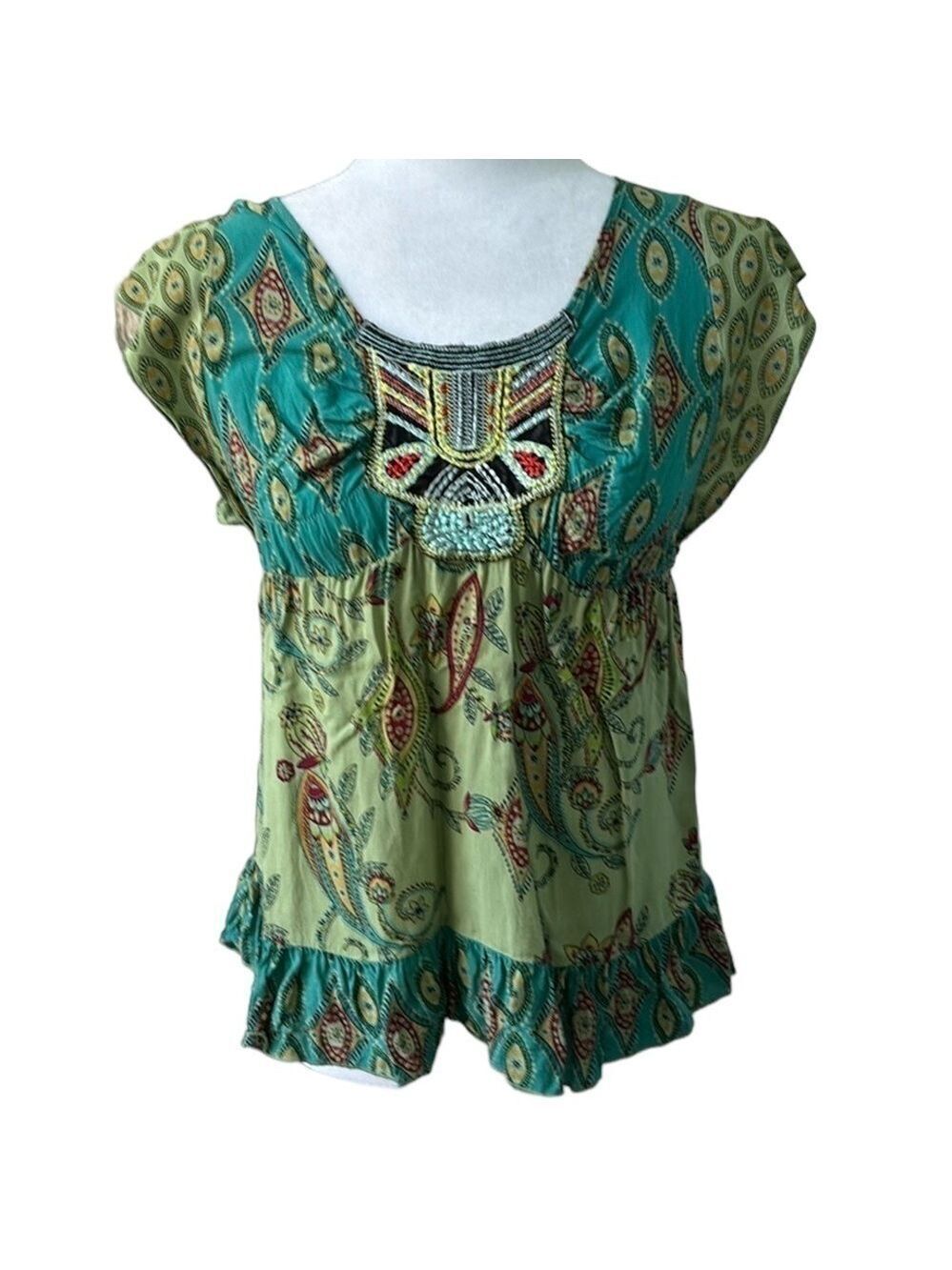 Live and Let Live Boho Embellished Top Flutter Sleeve Size SP